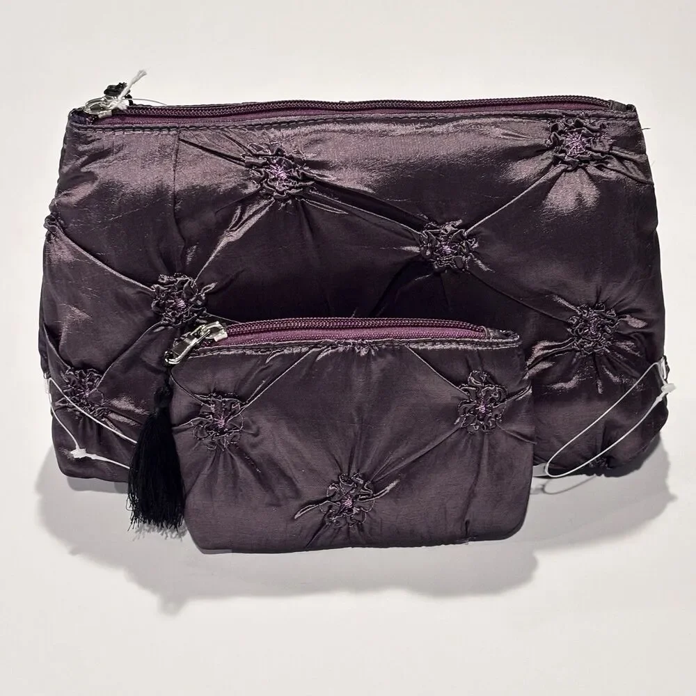 Purple Satin Pintuck Cosmetic Makeup Travel Bag Set 2 Pieces Tassel Zipper NWOT